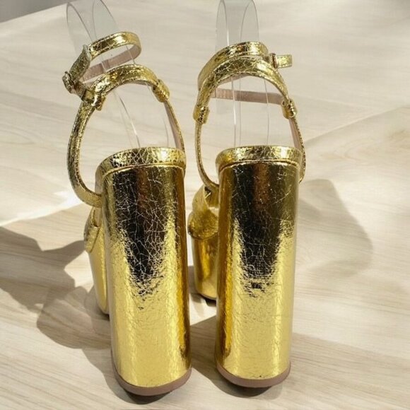 Lulus Bow Platform Ankle Strap Heels Gold Metallic Size 7M - Picture 9 of 13